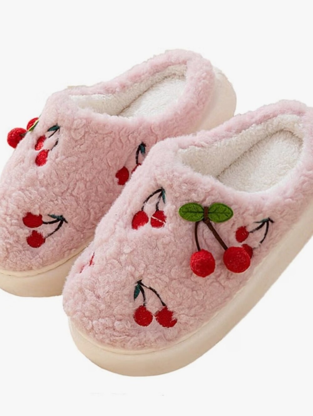 Fuzzy Pink Cherry Embroidered Slip-On Slippers for Women
